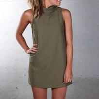 Women's Summer Casual Fashion Color Sleeveless Stitching Half Turtleneck Dress L