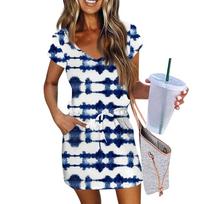 Women's Fashion Casual V-Neck Short Sleeve Drawstring Stripe Patchwork Printed Dresses L mėlyna