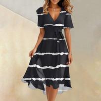 Women's Summer Fashion V-Neck Flared Dress Short Sleeve Striped Geometric Dresses L