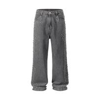 Full Rhinestone Print Washed Blue Baggy Jeans Mens and Women Ropa Hombre Streetwear Solid Casual Denim Trousers Loose Cargos Asian (32)L