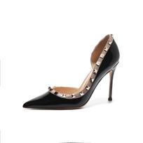 2024 Fairy Style Rivet High Heels: Thin Heel, Pointed Toe, French-Style Ultra-Fiber Leather with Sexy Side Cut 38 juoda 10cm spalva
