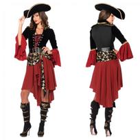 Womens Cruel Seas Pirate Captain Dress Costume with Attached Sash, Belt, Hat, Black/Burgundy, 2XL