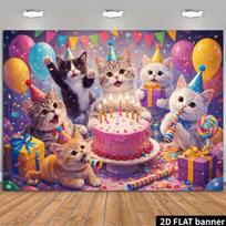 2D Cat Birthday Party Backdrop Pink Cake Balloon Photography Background 47.2x31.5inch/120*80cm