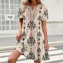 Women Short Sleeve Loose Fit Knee Length Dress with Geometric Print and Embroidered Neckline for Casual Daily Wear L balta