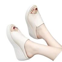 Women New Summer Open Toe Solid Color Thick Sole Wedge Heel Slippers Comfortable Outdoor Wear Casual Slides 35 smėlis