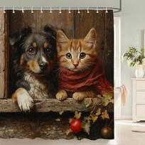 Lovely Cat and Dog Animal Shower Curtain Country Scenery Cats and Dogs Printing Bathroom Curtain With Hooks Home Decor Curtain (as the picture,W90XH180cm)
