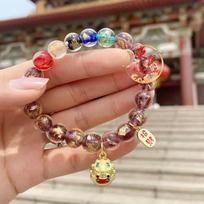 Purple & Gold Waking Lion Fortune Women's Bracelet with Silver Foil Porcelain Glaze from Panjiayuan Temple Scenic Area