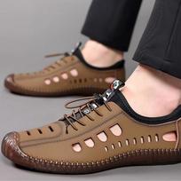 New Spring Summer Hollow Breathable Leather Men Sandals Non Slip Soft Sole Casual Open Toe Footwear for Outdoor Beach Daily Wear 39 chaki