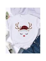 Plaid Deer Face Lovely Fashion Female Print T Top Merry Christmas New Year Holiday Graphic Tee Wounisex Shirt Clothing T-Shirts S įvairiaspalvis