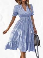 Hot Selling Women's Striped Dress V-Neck Elastic Waist Short Sleeve A-Line Dress S mėlyna