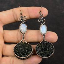 Moldavite Copper Earring Wire Wrapped Earrings Rainbow Moonstone Earring Handmade Jewelry Gift For Wife Copper Wire Jewelry Gemstone Earring