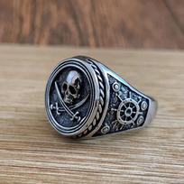 Gothic Pirate Double Knife Skull Ring for Men Stainless Steel Vintage Viking Compass Rings Biker Fashion Jewelry Halloween Gift 7