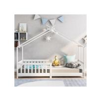Lit d'enfant - MUVOE - 90x200 cm - Bois massif - Garde-corps - Blanc