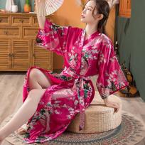 Women's Japanese-Style Satin Kimono Bathrobe with Peacock Design One Size