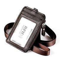Genuine Leather RFID Blocking Badge Holder Stylish Office ID Case for Women Men Employee Work Card Pouch Business Essential Accessory with lanyard kava