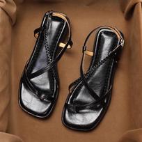 Retro Cross Tied Flat Sandals Women Fashion Square Toe Ankle Buckle Brand Designer Shoes Comfortable Clip Toe Beach Flip Flops 35