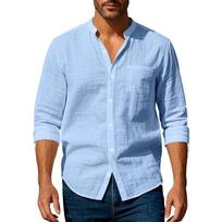Men Linen Blend Stand Collar Shirt With Roll-Up Sleeves And Chest Pocket S