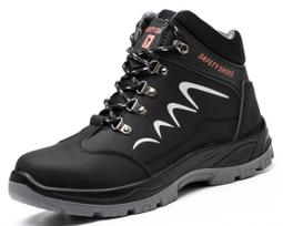 Men's mid-cut safety shoes, waterproof, anti-smash, anti-puncture, winter-ready with cotton, durable for construction sites.