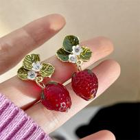 Lovely Red Strawberry & Green Leaf Drop Earrings, Resin Fruit Flower Earrings, Sweet Party Accessories