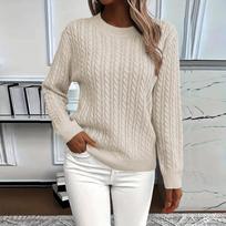 Women’s Long Sleeve Crew Neck Cable Knit Pullover Sweater Classic Fit Pattern Soft Lightweight Top for Everyday Wear XL smėlis