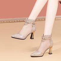New Summer Pointed Toe Mesh Breathable Rhinestone Buckle High Heel Single Boots for Women Large Size Comfortable Cool Walking Footwear 34 auksas