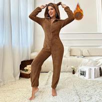 Autumn Winter Thicken Velvet Women Hooded Onesies Casual Solid Flannel Warm Woman Sleepwear Fashion Jumpsuit Pajamas Home Cloth S