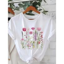 Pink Tulip Wildflower T-Shirt Cottagecore Botanical Aesthetic Tee Women’s Crew Neck Casual Short Sleeve Top S