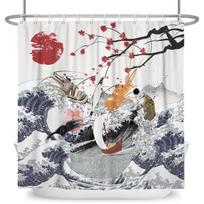 Japanese Ukiyo-e Sun Fuji Cherry Blossom Shower Curtain Hokusai Giant Waves Kanagawa Bathroom Curta Waterproof Bathtub Screen (as the picture,90X180cm)