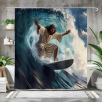 Surfing Jesus Shower Curtain - Spiritual Surf Decor, Ocean Wave Bathroom Curtain, Unique Christian Gift, Multiple Sizes (as the picture,W90XH180cm)