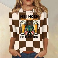 Women Casual Three Quarter Sleeve Oktoberfest Print Round Neck Top Checkered Pattern Lightweight Blouse for Daily Wear and Events L smėlis