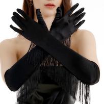 Fashion Lady Long Gloves Musical Stage Dance Mittens Costume Fringe Tassel Gloves  Nightclub Dance Style 1-Black