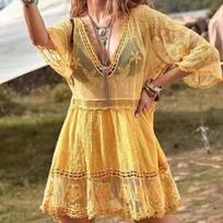 5 Colors Bikini Cover Ups Lace Beach Dress Solid Biquinis Kimono for Women Free Size Sun Protection Short Sarong V-Neck One Size