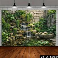 2D Lush Waterfall Pond Backdrop Stone Wall Green Plant Photography Background 47.2x31.5inch/120*80cm