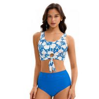 2026 European and American bikini sexy print split high waist conservative swimsuit women S