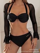 Three-piece split swimsuit bikini black pleated hard cup swimsuit S juoda