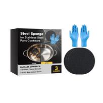 Steel Sponge for Stainless Steel Pans Cookware 3 Round Frosted Sponges with 1 Pair Kitchen Gloves Durable Easy to Clean Oil Stain Remover One Size