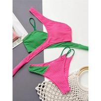 Sexy Splicing One Shoulder Mid Waist Bikini Women Swimwear Female Swimsuit Two-pieces Bikini set Bather Bathing Suit Swim S rožinė/žalia