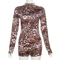 Women's Pre-fall Spice Style Round Neck Long Sleeve Leopard Print Sexy Jumpsuit S leopardo rašto spalva
