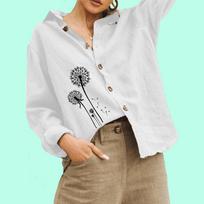 Women Fashion Cotton Linen Blouse Ladies Floral Print Top Casual Buttoned Long Sleeved Shirt S
