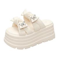 Fashion 9CM Women's Chunky Slippers Summer High Platform Wedges Shoes Woman Butterfly-Knot Beach Flip Flops Thick Bottom Sandalias Mujer 34 smėlis