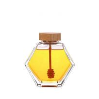 Kitchen Hexagon Glass Cork Lid with Wooden Dipper Honey Pot Storage Container Honey Jar Dispenser