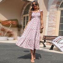 Summer fresh pastoral print ruffle edge sleeveless backless dress S raudona
