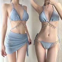 Silver Desire Three-Piece Bikini Set with Diamond Chain, Skirt, and Swimsuit - Women's Beachwear One Size šviesiai mėlyna spalva