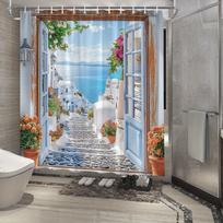 Greek Island Shower Curtain - White Buildings, Azure Sea & Flowers, Vibrant Mediterranean Scene, Water-Resistant W90xH180cm