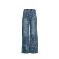 Flower Blue Jacquard Jeans Women's Design Loose Wide-leg Pants Retro Straight Mopping M