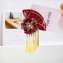 Elegant Kimono Hair Clip Traditional Sakura Flower Fan Shape Hairpin Metal Tassel Cloth Flower Hair Accessories