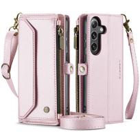 Crossbody for Samsung Galaxy S25 FE Wallet Case RFID Blocking 10 Card Holder Zipper Pocket Magnetic Flip Wristlet Shoulder Strap For Galaxy S25 FE rožinė