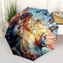 Enchanted Garden Fairy Stained Glass Wall ArtUmbrella with Cute Design,Portable 3-Fold Compact Umbrella for Men&Women,Valentine's Day Mother