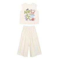 Girls' Summer 2-Piece Outfit – Tank Top Wide-Leg Pants Set with Alphabet Print, Lightweight Breathable for Big Kids 130 smėlis