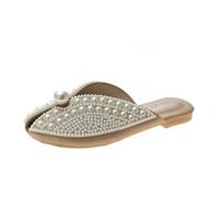 Ladies Bohemian Pearl Flat Flip Flops Summer Open Toe Crystal Decor Casual Beach Sandals Slippers for Women 36